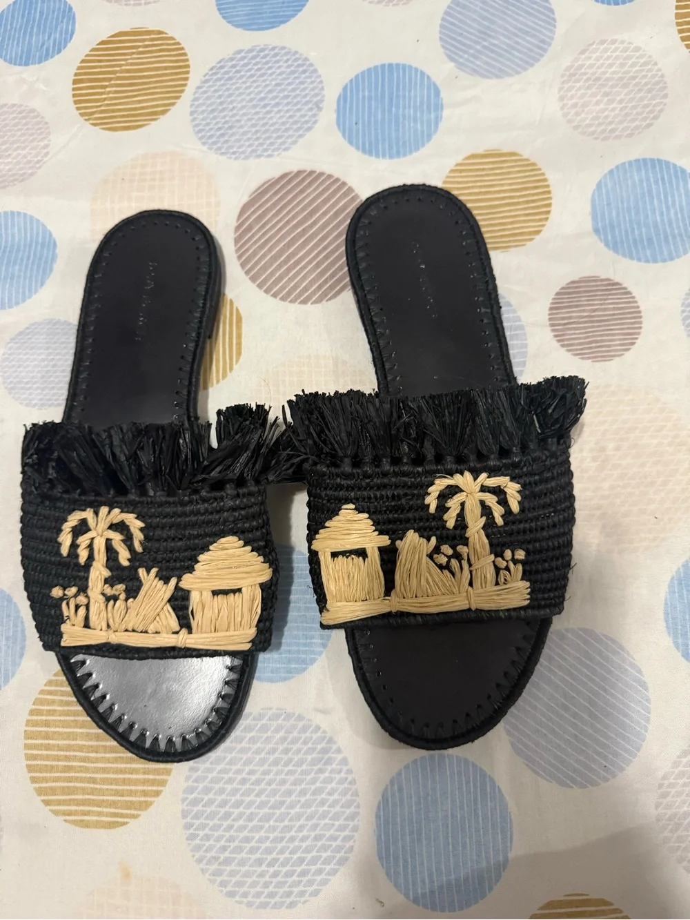 Tory Burch Black Raffia Slide Sandals with Natural Embroidered Detail
